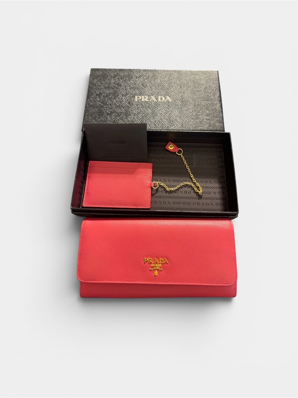 Prada Coral Saffiano Wallet with Cardholder and Gold Chain